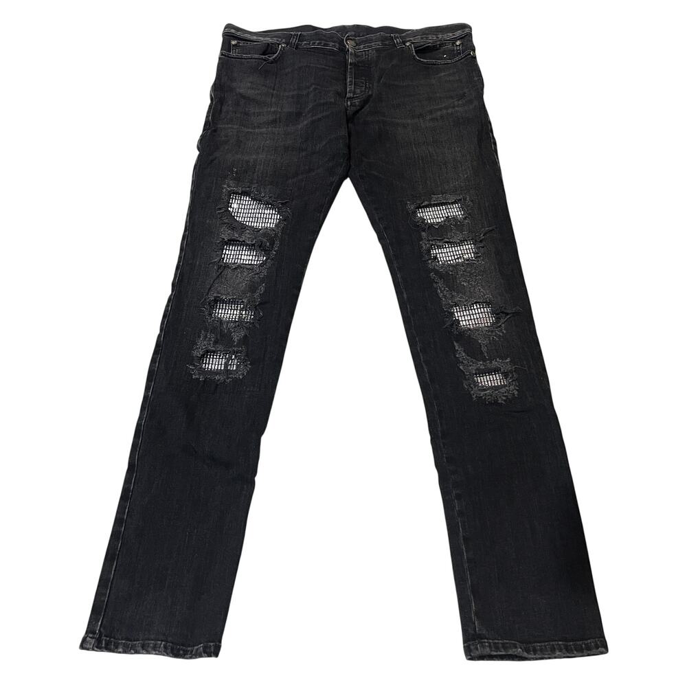 16-82 BALMAIN Men's Slim Distressed Rhinestone Jeans Black 34